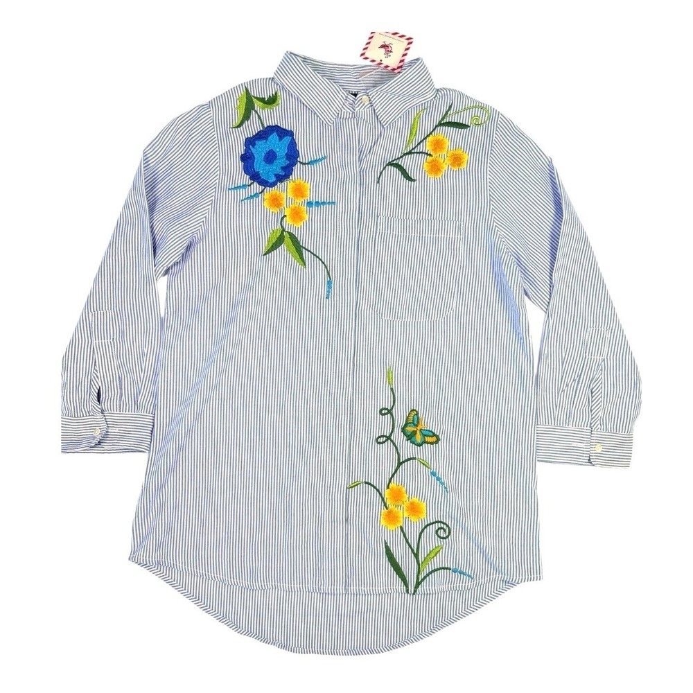 Liza‎ Byrd Top Womens S Blue White Striped Embroidered Floral Butterfly Cotton